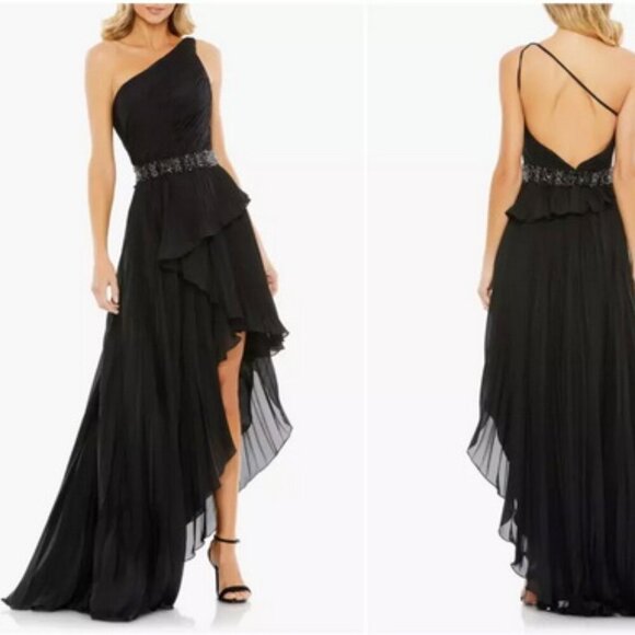 ruffle asymmetric sheath dress mac duggal Mac Duggal, Floral print asymmetric ruffle hi low dress main image 1
